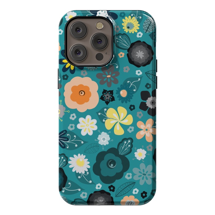 iPhone 14 Pro max StrongFit Kitsch 70s Flowers in Classic Blue and Yellow by Paula Ohreen