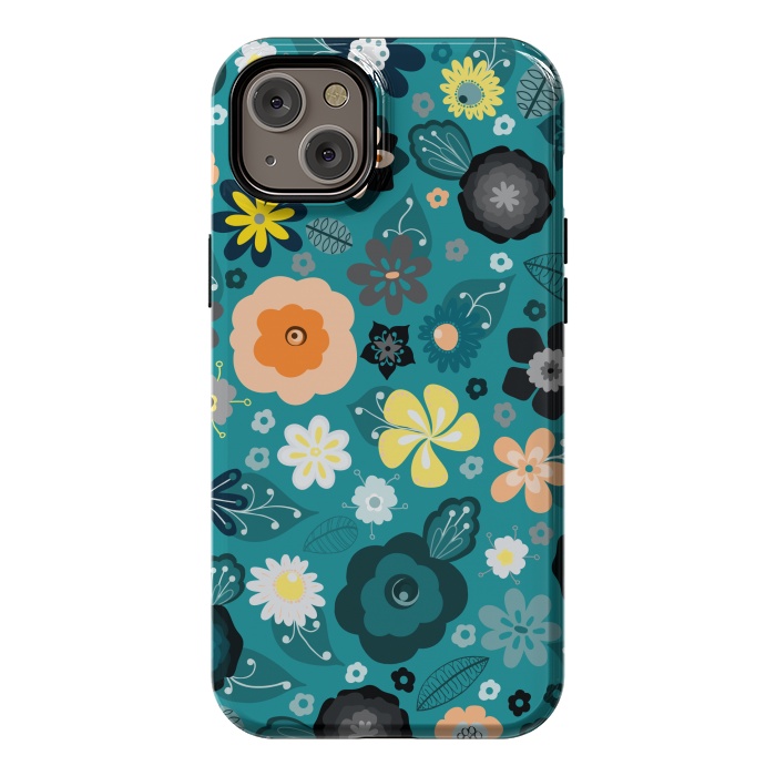 iPhone 14 Plus StrongFit Kitsch 70s Flowers in Classic Blue and Yellow by Paula Ohreen
