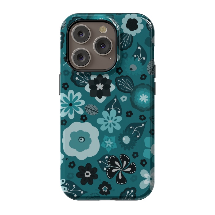 iPhone 14 Pro StrongFit Kitsch 70s Flowers in Monochrome Classic Blue by Paula Ohreen