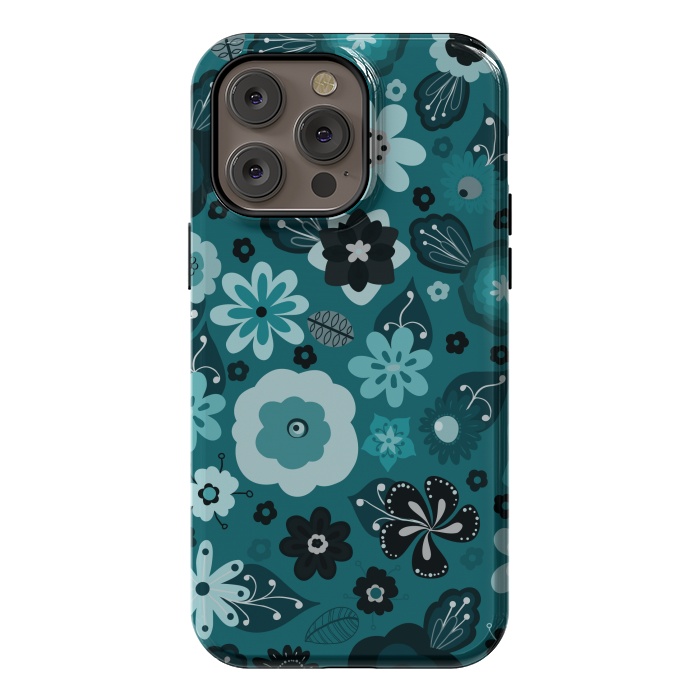 iPhone 14 Pro max StrongFit Kitsch 70s Flowers in Monochrome Classic Blue by Paula Ohreen