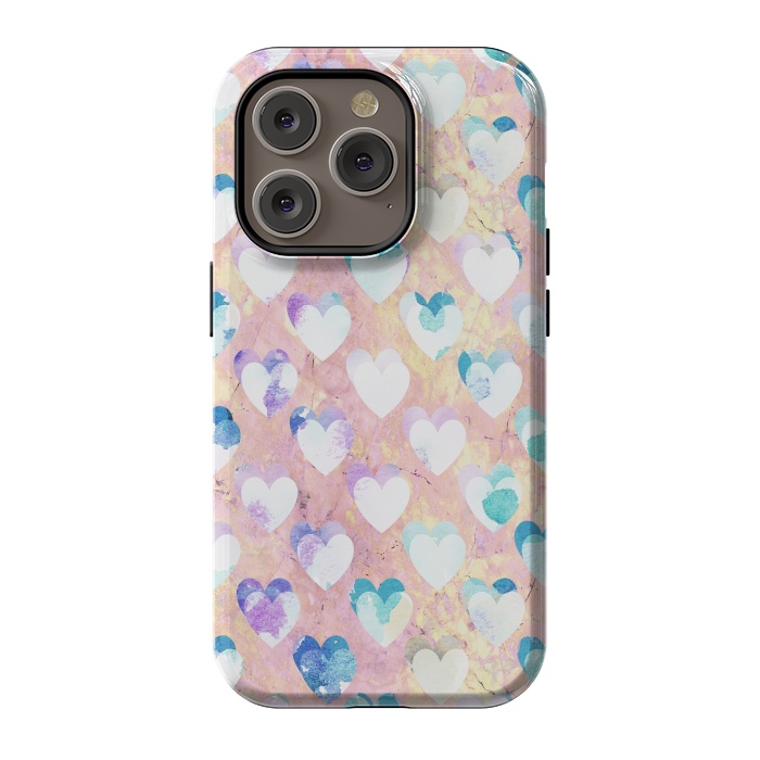 iPhone 14 Pro StrongFit Pastel painted hearts on pink marble Valentine by Oana 