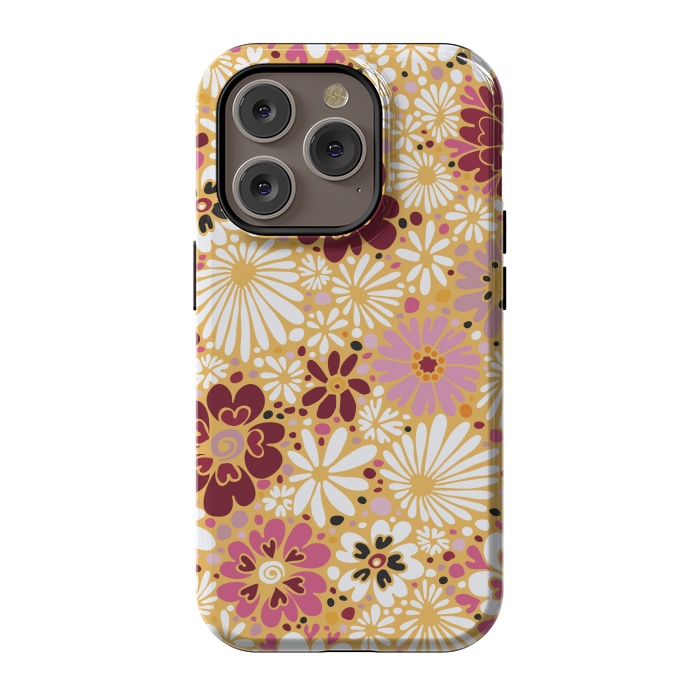iPhone 14 Pro StrongFit 70s Valentine Flowers in Pink, Cream and Yellow by Paula Ohreen