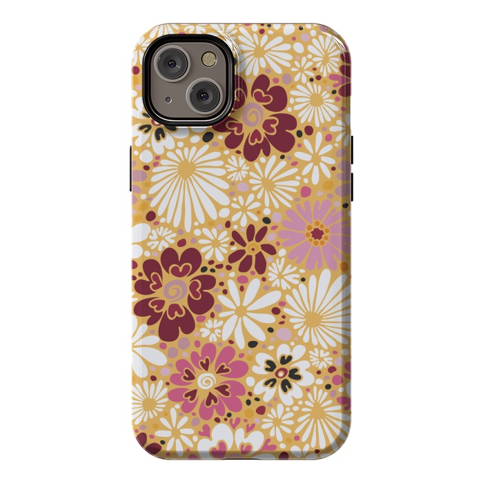 iPhone 14 Plus StrongFit 70s Valentine Flowers in Pink, Cream and Yellow by Paula Ohreen