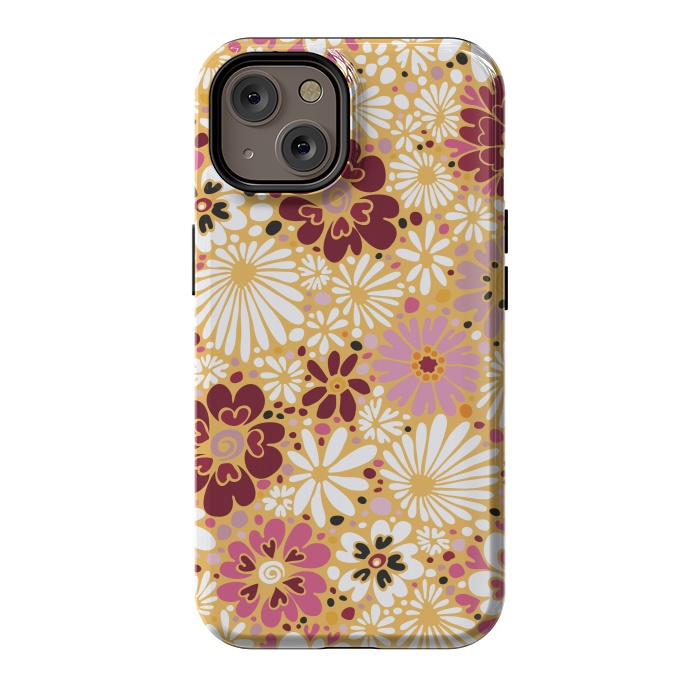 iPhone 14 StrongFit 70s Valentine Flowers in Pink, Cream and Yellow by Paula Ohreen