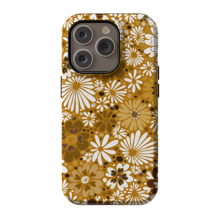 iPhone 14 Pro StrongFit 70s Valentine Flowers in Mustard and White by Paula Ohreen