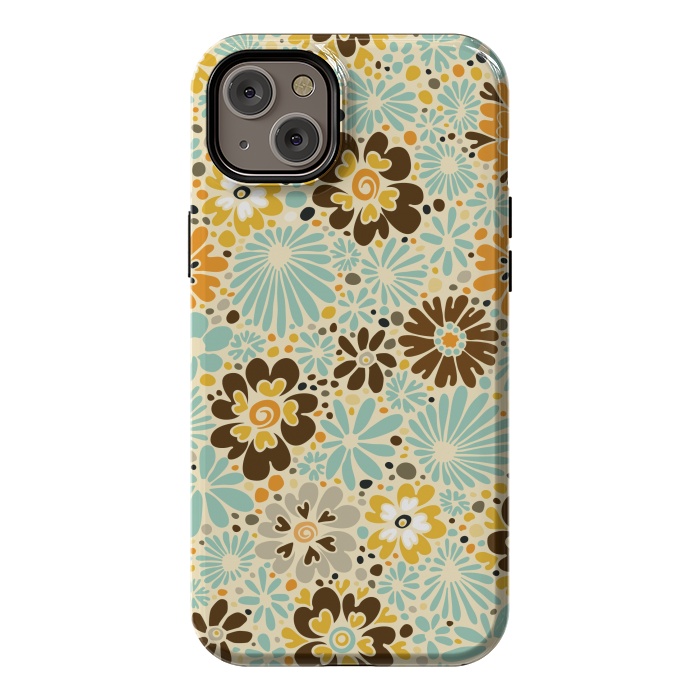 iPhone 14 Plus StrongFit 70s Valentine Flowers in Orange, Brown and Blue by Paula Ohreen