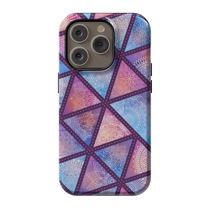 iPhone 14 Pro StrongFit triangle mandala pattern blue pink by MALLIKA