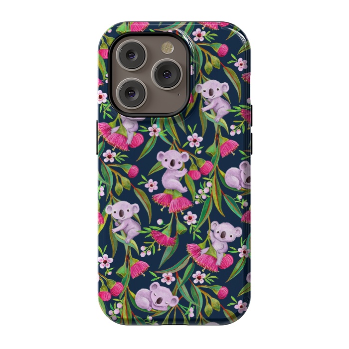 iPhone 14 Pro StrongFit Teeny Tiny Koalas with Tea Tree Blossoms and Eucalyptus Flowers by Micklyn Le Feuvre