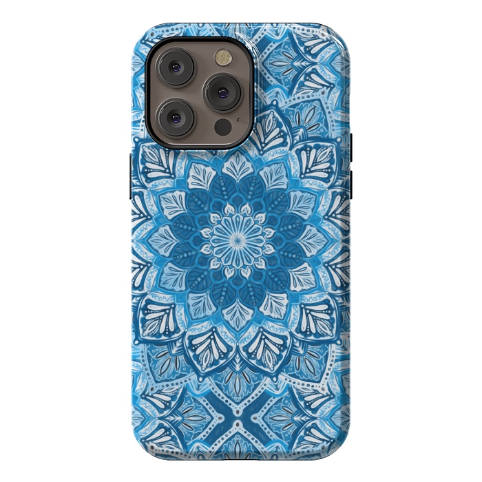 iPhone 14 Pro max StrongFit Boho Mandala in Monochrome Blue and White by Micklyn Le Feuvre