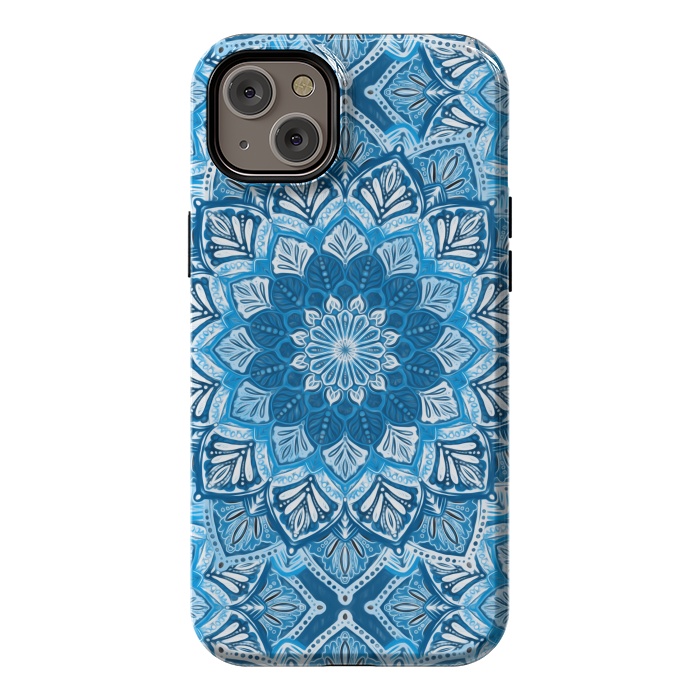 iPhone 14 Plus StrongFit Boho Mandala in Monochrome Blue and White by Micklyn Le Feuvre