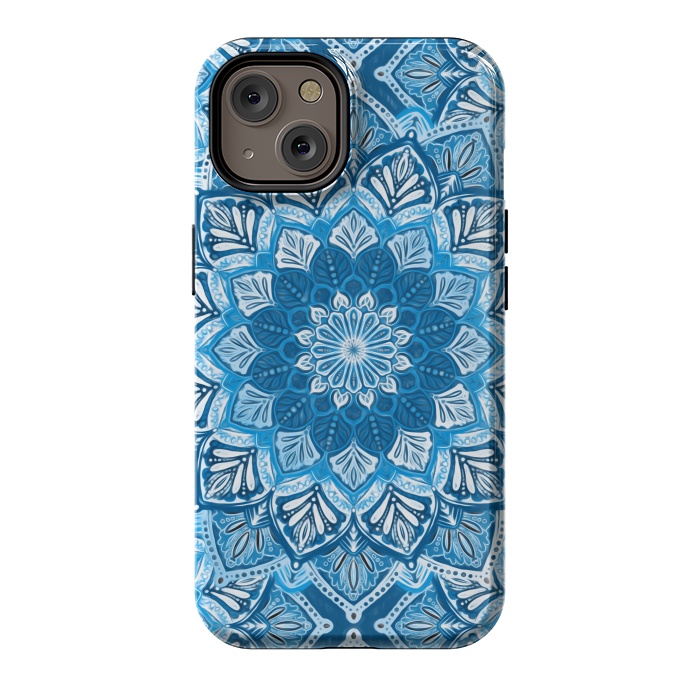 iPhone 14 StrongFit Boho Mandala in Monochrome Blue and White by Micklyn Le Feuvre