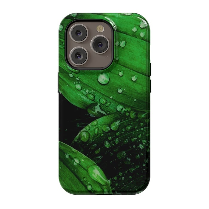 iPhone 14 Pro StrongFit green leaf with raindrops by haroulita