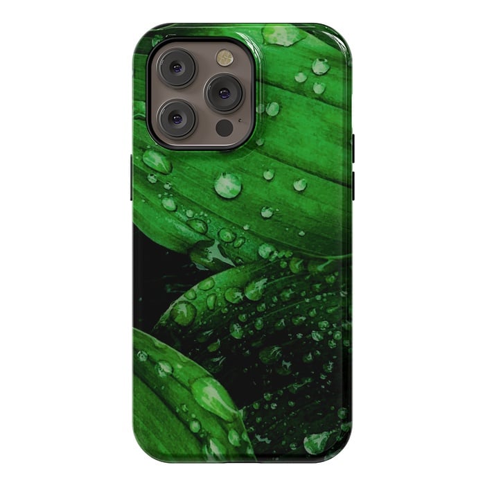 iPhone 14 Pro max StrongFit green leaf with raindrops by haroulita