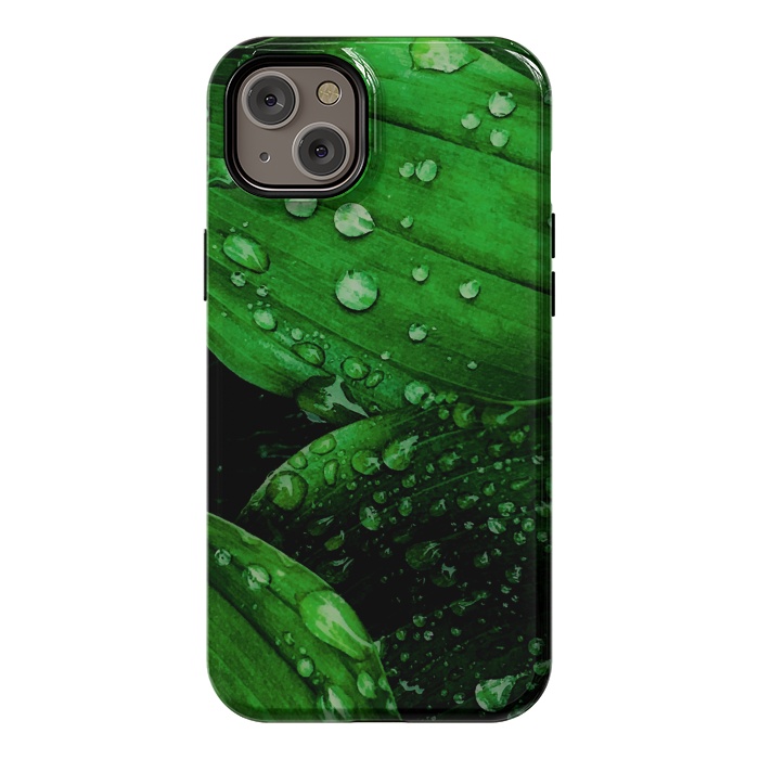 iPhone 14 Plus StrongFit green leaf with raindrops by haroulita