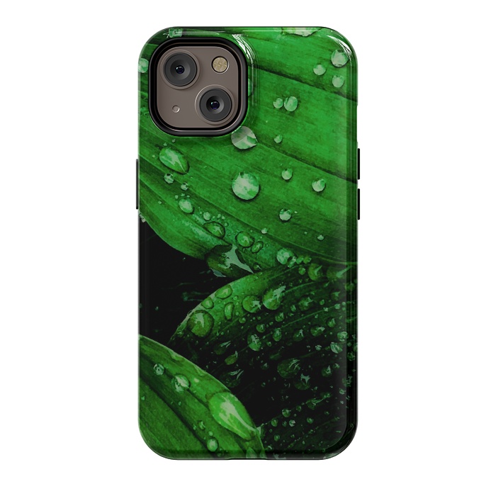 iPhone 14 StrongFit green leaf with raindrops by haroulita