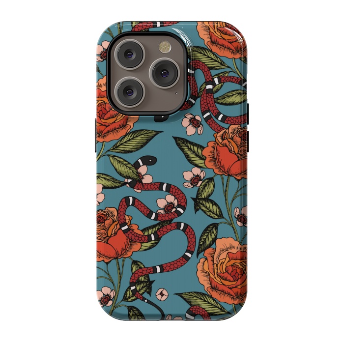 iPhone 14 Pro StrongFit Roses and snake. Blue pattern by Julia Badeeva