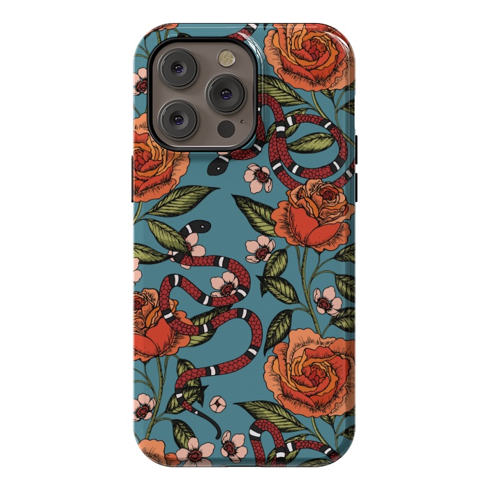 iPhone 14 Pro max StrongFit Roses and snake. Blue pattern by Julia Badeeva