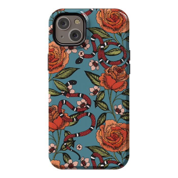 iPhone 14 Plus StrongFit Roses and snake. Blue pattern by Julia Badeeva