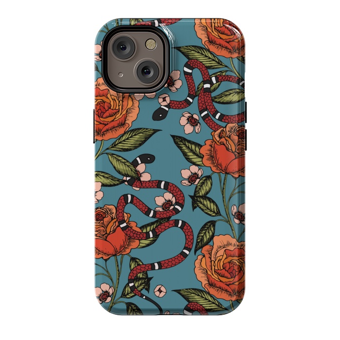 iPhone 14 StrongFit Roses and snake. Blue pattern by Julia Badeeva
