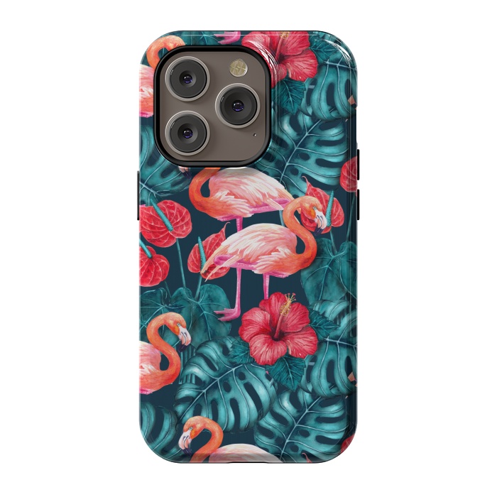 iPhone 14 Pro StrongFit Flamingo birds and tropical garden watercolor by Katerina Kirilova
