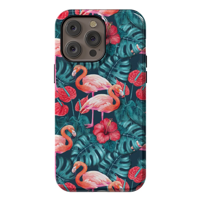 iPhone 14 Pro max StrongFit Flamingo birds and tropical garden watercolor by Katerina Kirilova