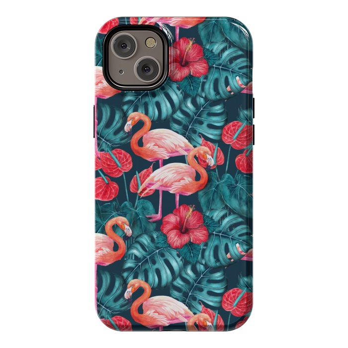iPhone 14 Plus StrongFit Flamingo birds and tropical garden watercolor by Katerina Kirilova