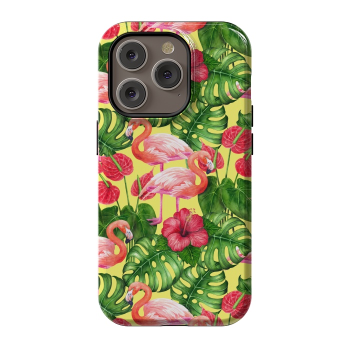 iPhone 14 Pro StrongFit Flamingo birds and tropical garden watercolor 2 by Katerina Kirilova