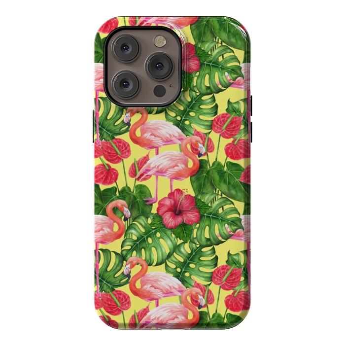 iPhone 14 Pro max StrongFit Flamingo birds and tropical garden watercolor 2 by Katerina Kirilova
