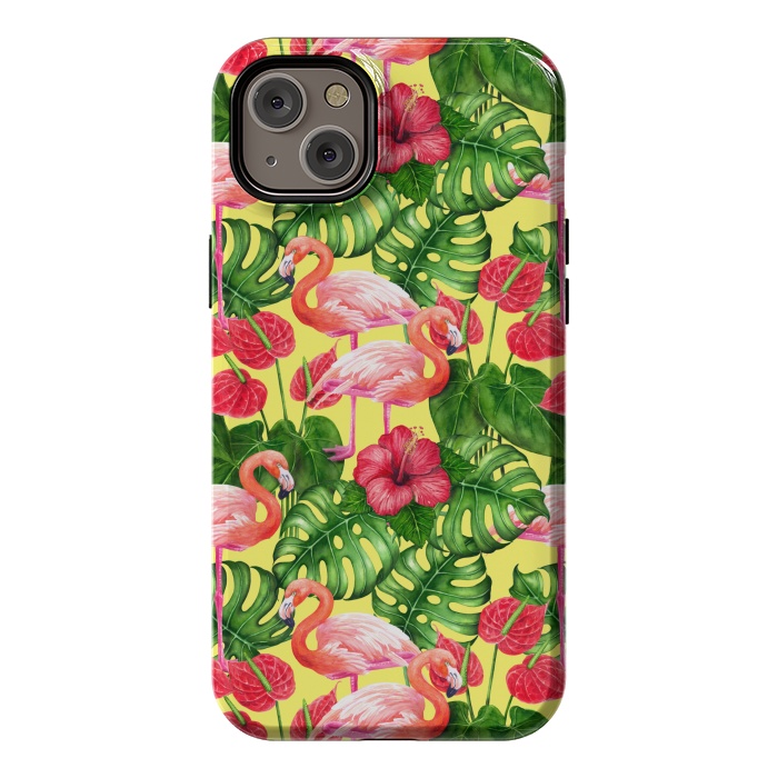 iPhone 14 Plus StrongFit Flamingo birds and tropical garden watercolor 2 by Katerina Kirilova