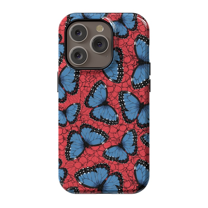 iPhone 14 Pro StrongFit Blue Morpho butterfly on red hydrangea by Katerina Kirilova