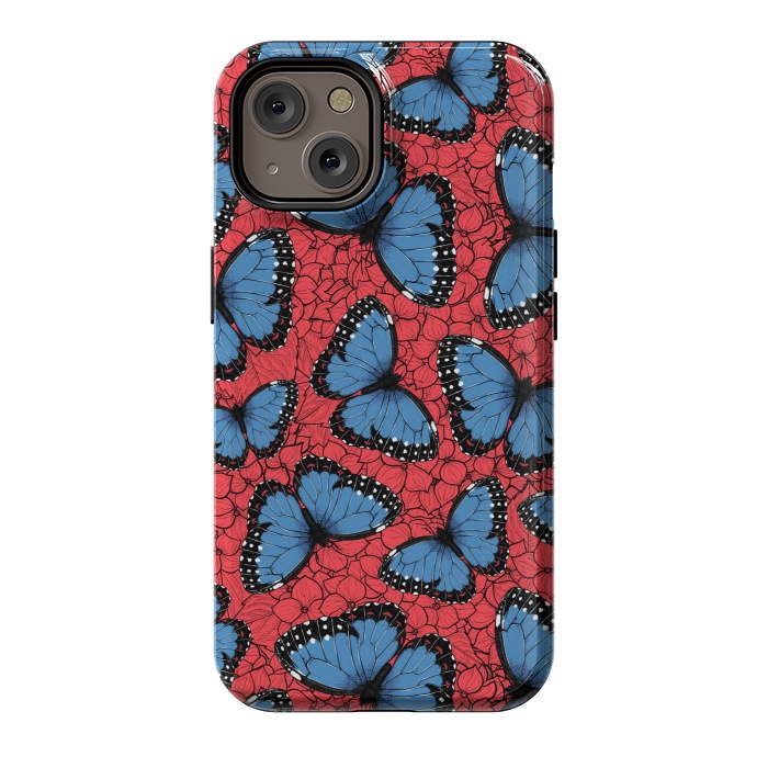 iPhone 14 StrongFit Blue Morpho butterfly on red hydrangea by Katerina Kirilova