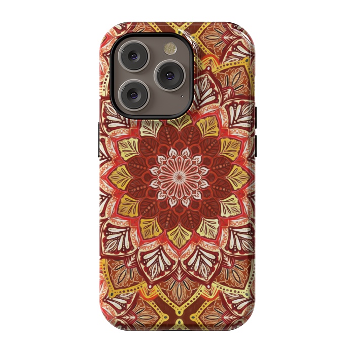 iPhone 14 Pro StrongFit Boho Mandala in Rust Red and Faux Gold by Micklyn Le Feuvre