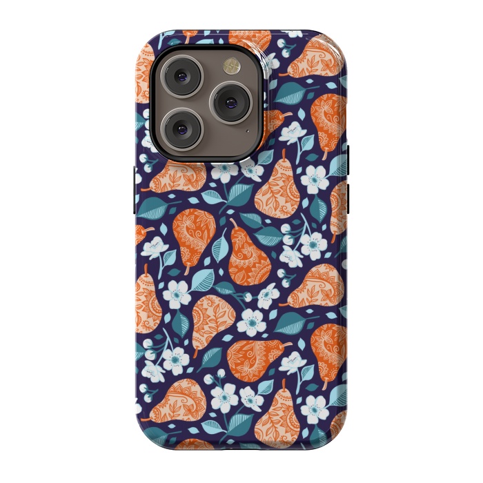 iPhone 14 Pro StrongFit Cheerful Pears in Orange on Navy Blue by Micklyn Le Feuvre