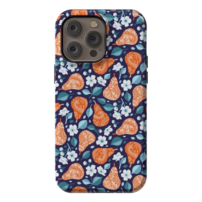 iPhone 14 Pro max StrongFit Cheerful Pears in Orange on Navy Blue by Micklyn Le Feuvre