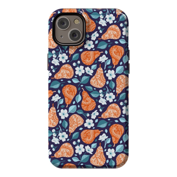 iPhone 14 Plus StrongFit Cheerful Pears in Orange on Navy Blue by Micklyn Le Feuvre