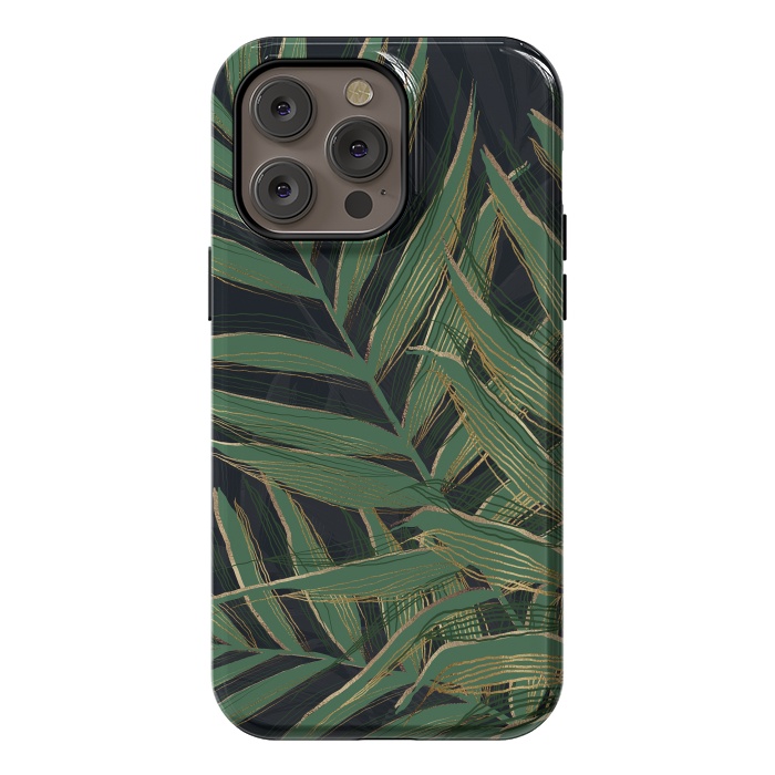 iPhone 14 Pro max StrongFit Trendy Green Palm Leaves Gold Strokes Gray Design by InovArts