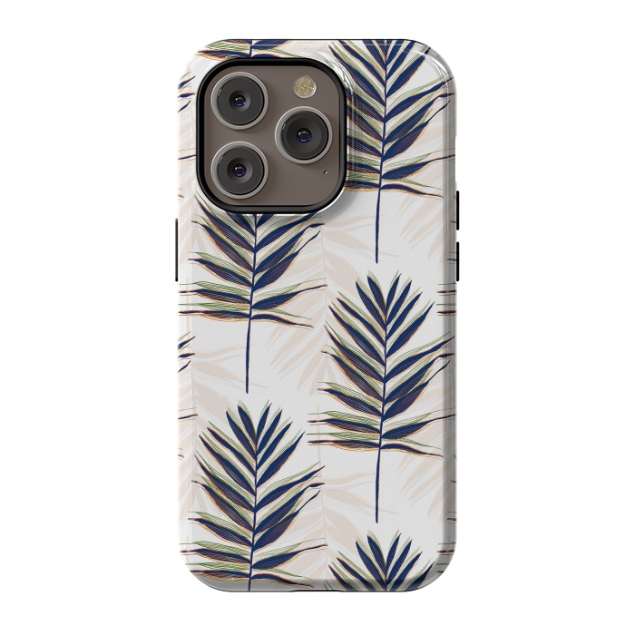 iPhone 14 Pro StrongFit Modern Blue Palm Leaves Gold Strokes White Design by InovArts