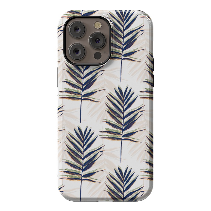 iPhone 14 Pro max StrongFit Modern Blue Palm Leaves Gold Strokes White Design by InovArts