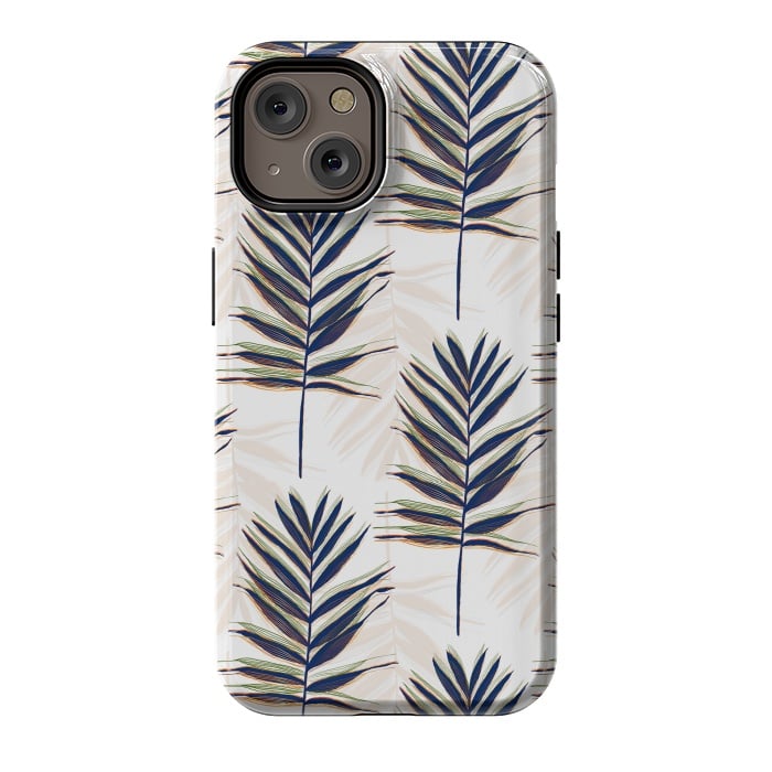 iPhone 14 StrongFit Modern Blue Palm Leaves Gold Strokes White Design by InovArts