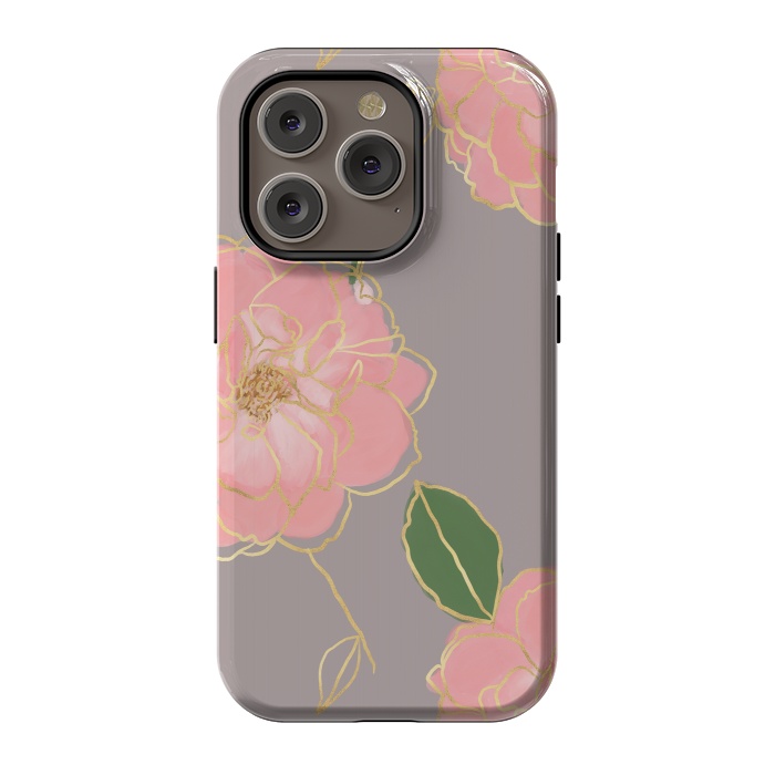 iPhone 14 Pro StrongFit Elegant Pink & Gold Watercolor Roses Gray Design by InovArts