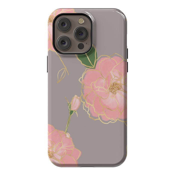 iPhone 14 Pro max StrongFit Elegant Pink & Gold Watercolor Roses Gray Design by InovArts