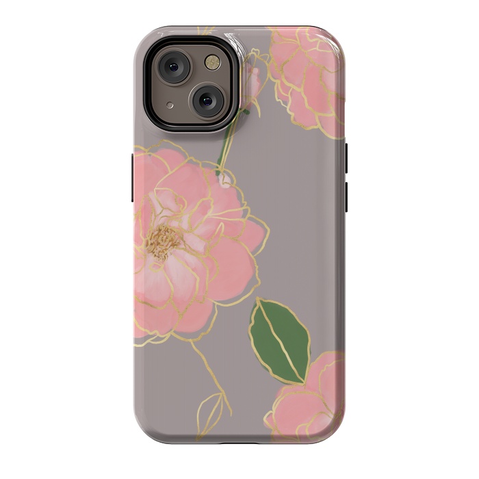 iPhone 14 StrongFit Elegant Pink & Gold Watercolor Roses Gray Design by InovArts