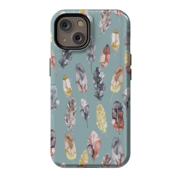 iPhone 14 StrongFit Boho Feathers Watercolor Yellow by Ninola Design