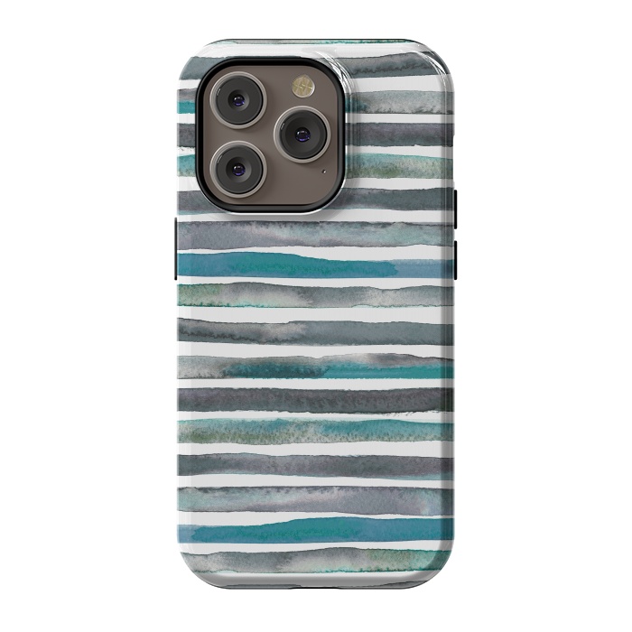 iPhone 14 Pro StrongFit Watercolor Stripes and Lines Blue Aqua by Ninola Design