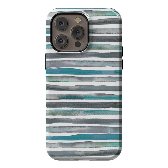 iPhone 14 Pro max StrongFit Watercolor Stripes and Lines Blue Aqua by Ninola Design