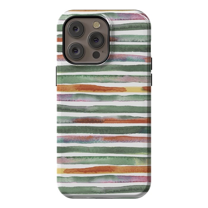 iPhone 14 Pro max StrongFit Watercolor Stripes and Lines Green Orange by Ninola Design