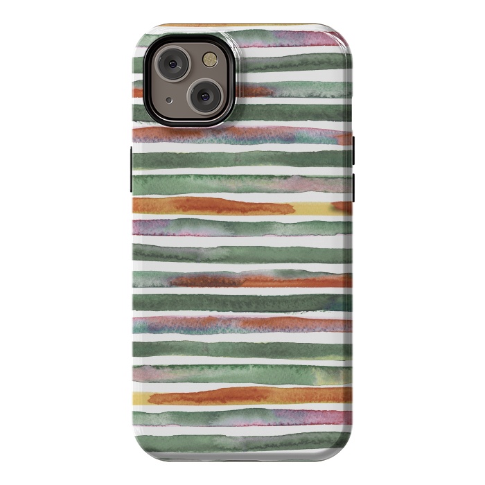 iPhone 14 Plus StrongFit Watercolor Stripes and Lines Green Orange by Ninola Design