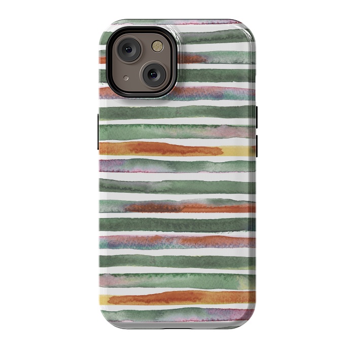 iPhone 14 StrongFit Watercolor Stripes and Lines Green Orange by Ninola Design