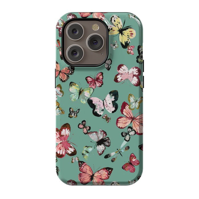 iPhone 14 Pro StrongFit Flying Butterflies Watercolor Teal by Ninola Design