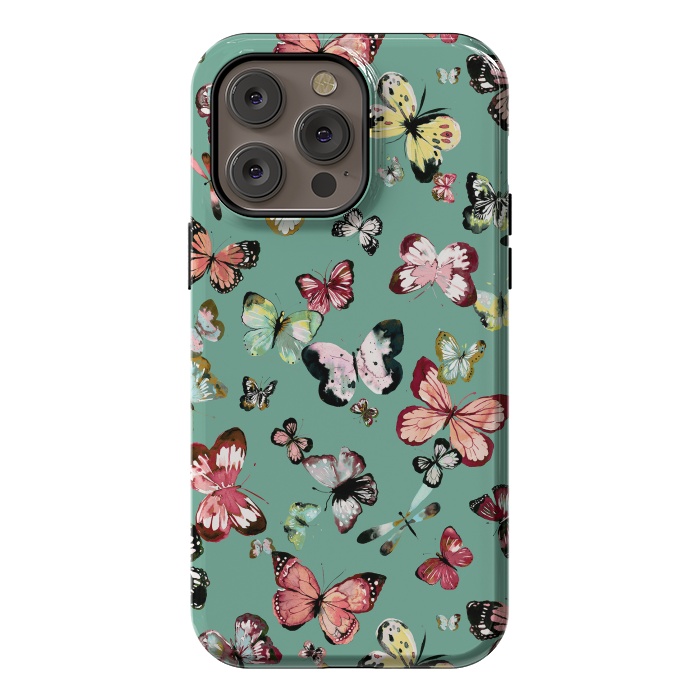 iPhone 14 Pro max StrongFit Flying Butterflies Watercolor Teal by Ninola Design